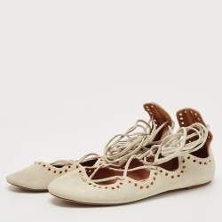 Pre Owned Isabel Marant Light Grey Suede Leo Eyelet Ankle Tie Ballet Flats Size 38