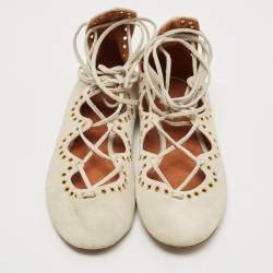 Pre Owned Isabel Marant Light Grey Suede Leo Eyelet Ankle Tie Ballet Flats Size 38
