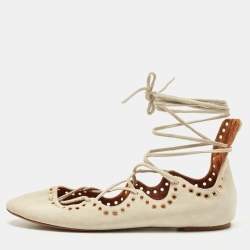 Pre Owned Isabel Marant Light Grey Suede Leo Eyelet Ankle Tie Ballet Flats Size 38
