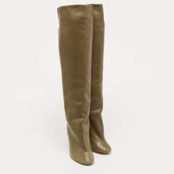 Pre Owned Isabel Marant Olive Green Leather Knee Length Boots Size 38