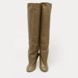 Pre Owned Isabel Marant Olive Green Leather Knee Length Boots Size 38