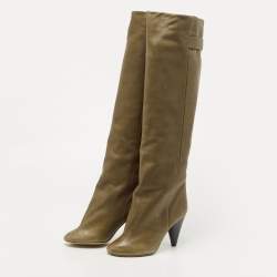 Pre Owned Isabel Marant Olive Green Leather Knee Length Boots Size 38