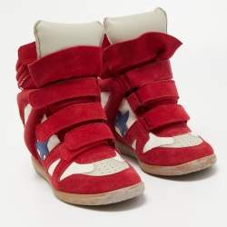 Pre Owned Isabel Marant Red/White Suede and Canvas Bekett Wedge Sneakers Size 39
