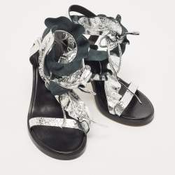 Pre Owned Isabel Marant Silver Texture Leather Aseta Ankle Strap Sandals Size 38