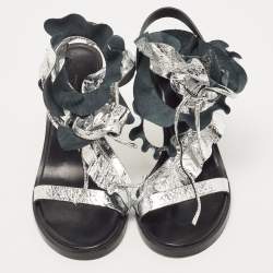 Pre Owned Isabel Marant Silver Texture Leather Aseta Ankle Strap Sandals Size 38