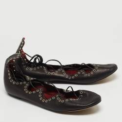 Pre Owned Isabel Marant Black Leather Leo Eyelet Ankle Wrap Ballet Flats Size 41