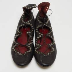 Pre Owned Isabel Marant Black Leather Leo Eyelet Ankle Wrap Ballet Flats Size 41