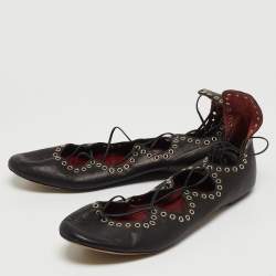 Pre Owned Isabel Marant Black Leather Leo Eyelet Ankle Wrap Ballet Flats Size 41