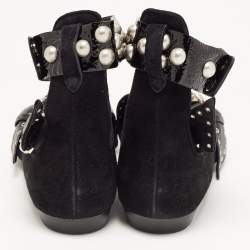 Pre Owned Isabel Marant Black Leather and Suede Eyelet Ankle Cuff Ballet Flats Size 40