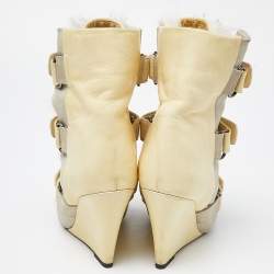 Pre Owned Isabel Marant Tricolor Leather and Calf Hair Pierce Wedge Ankle Boots Size 38