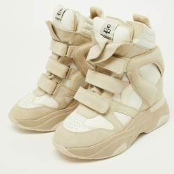 Pre Owned Isabel Marant Beige/Off White Leather and Suede High Top Wedge Sneakers Size 37
