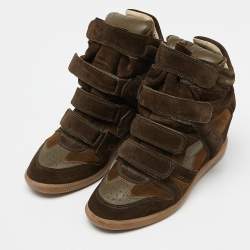 Pre Owned Isabel Marant Green/Brown Suede and Leather Wadge Sneakers Size 41