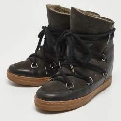 Pre Owned Isabel Marant Black Suede and Leather Shearling Nowles Ankle Boots Size 38
