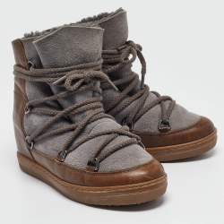 Pre Owned Isabel Marant Brown/Grey Suede Leather Nowels Wedge Ankle Boots Size 38