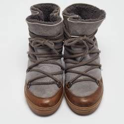 Pre Owned Isabel Marant Brown/Grey Suede Leather Nowels Wedge Ankle Boots Size 38