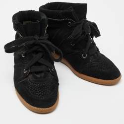 Pre Owned Isabel Marant Black Perforated Suede Wedge Sneakers Size 39
