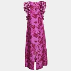 Pre Owned Isla & White Pink Floral Print Silk Ruffle-Sleeve Miray Dress XS