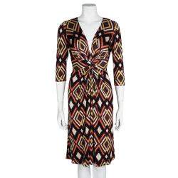 Pre Owned Issa Multicolor Geometric Printed Silk Jersey Draped Front Dress S