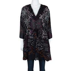 Issa Black Leaf Printed Silk Oversized Belted Hooded Tunic M