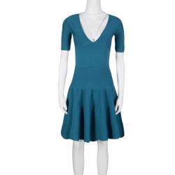 Pre Owned Issa Teal Blue Rib Knit V-Neck Flared Bottom Dress M