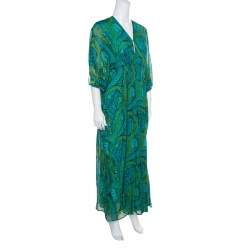 Pre Owned Issa Green Printed Silk Zip Front Ruched Maxi Dress S