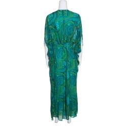 Pre Owned Issa Green Printed Silk Zip Front Ruched Maxi Dress S