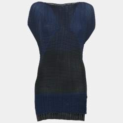 Issey Miyake Black/Blue Plisse Cap Sleeve Top S