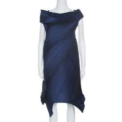 Issey Miyake Navy Blue Pleated Boat Neck Asymmetric Dress S