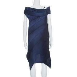 Issey Miyake Navy Blue Pleated Boat Neck Asymmetric Dress S