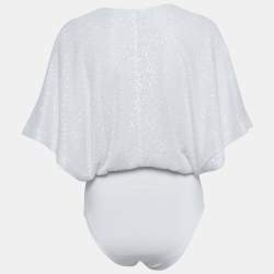 Pre Owned ITMFL White Sequin Plunge Neck Bodysuit XS