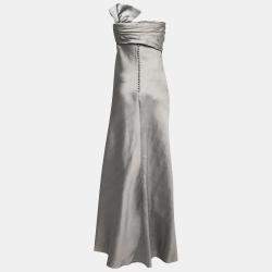 J Mendel Grey Silk Blend Strapless Front Bow Detail Gown L 