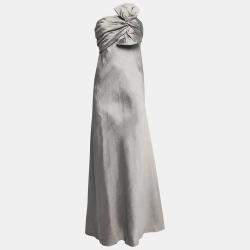 J Mendel Grey Silk Blend Strapless Front Bow Detail Gown L 