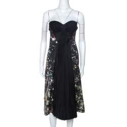 J Mendel Multicolor Printed Crepe Front Pleat Detail Strapless Dress S