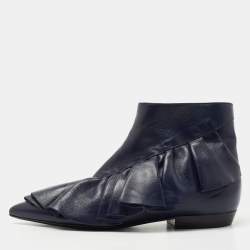 J.W.Anderson Navy Blue Leather Ruffle Ankle Boots Size 36