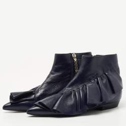J.W.Anderson Navy Blue Leather Ruffle Ankle Boots Size 36