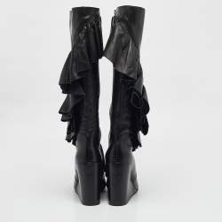 J.W. Anderson Black Leather Ruffle Knee Length Wedge Boots Size 38