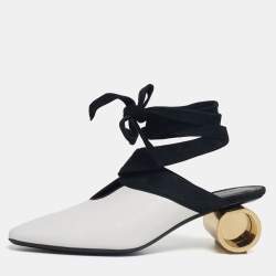 J.W. Anderson White/Black Suede And Leather Tie Cylindrical Heel Mules Size 41 