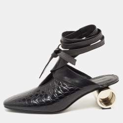 J.W.Anderson Black Croc Embossed Leather Cylinder Heel Ankle Tie Mules Size 39