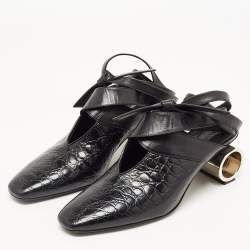 J.W.Anderson Black Croc Embossed Leather Cylinder Heel Ankle Tie Mules Size 39