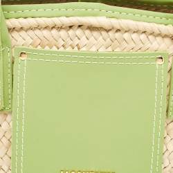 Pre Owned Jacquemus Green/Cream Woven Raffia and Nubuck Leather Le Petit Panier Basket Tote