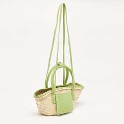 Pre Owned Jacquemus Green/Cream Woven Raffia and Nubuck Leather Le Petit Panier Basket Tote
