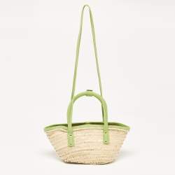 Pre Owned Jacquemus Green/Cream Woven Raffia and Nubuck Leather Le Petit Panier Basket Tote