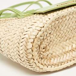 Pre Owned Jacquemus Green/Cream Woven Raffia and Nubuck Leather Le Petit Panier Basket Tote