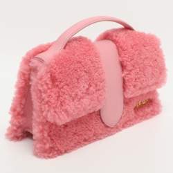 Pre Owned Jacquemus Le Bambino Pink Leather and Shearling Fur Top Handle Bag
