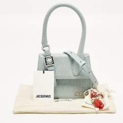 Pre Owned Jacquemus Le Chiquito Moyen Boucle Light Blue Lizard Embossed Leather Top Handle Bag