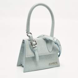 Pre Owned Jacquemus Le Chiquito Moyen Boucle Light Blue Lizard Embossed Leather Top Handle Bag