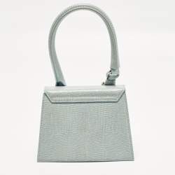 Pre Owned Jacquemus Le Chiquito Moyen Boucle Light Blue Lizard Embossed Leather Top Handle Bag