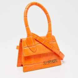 Pre Owned Jacquemus Orange Croc Embossed Leather Le Chiquito Mini Top Handle Bag