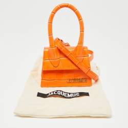 Pre Owned Jacquemus Orange Croc Embossed Leather Le Chiquito Mini Top Handle Bag