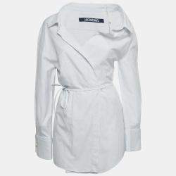 Jacquemus White/Blue Pinstripe Cotton Asymmetric Mini Dress S